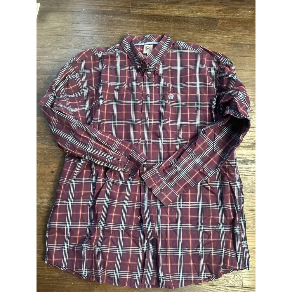 Cinch Button Down Shirt Mens Size 2XL Maroon Plaid Long Sleeve